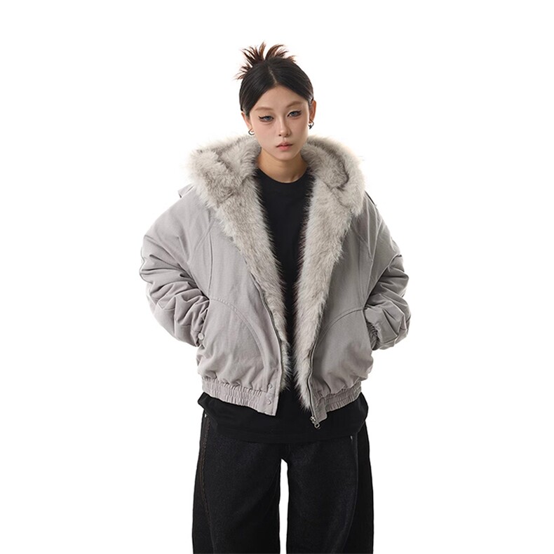 现货高品质美式高街冬季重磅硬挺短款座山雕毛领棉衣男女加厚外套图片