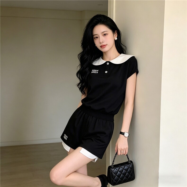 欧洲站时尚气质套装女夏季新款撞色海军领收腰短袖上衣短裤两件套,女装套装/套裙,江南