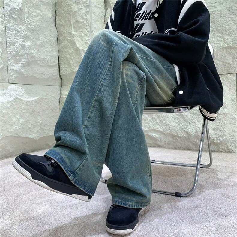 复古牛仔裤秋季潮牌高街宽松直筒长裤子男款垂感阔腿裤KK329-P46,男装牛仔裤,星座911-3