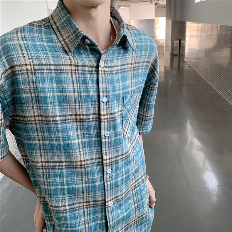美式复古格子短袖衬衫男夏季新款宽松休闲oversize衬衣S1111-p28,男装衬衫,星座1008