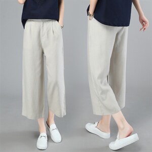 夏季新款中年妈妈棉麻休闲宽腿裤松紧腰薄款八分显瘦亚麻阔腿裤女，女装休闲裤，璐依舞
