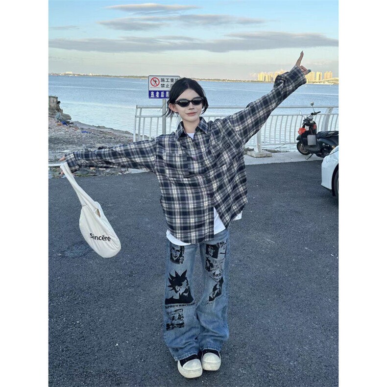 格子长袖衬衫日系港风宽松衬衣男夏季百搭休闲外套513CS1901P31,男装衬衫,星座513