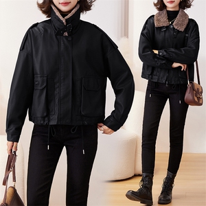 现货简约韩版加绒加厚皮衣外套女2024秋冬新款保暖夹克保暖皮上衣图片