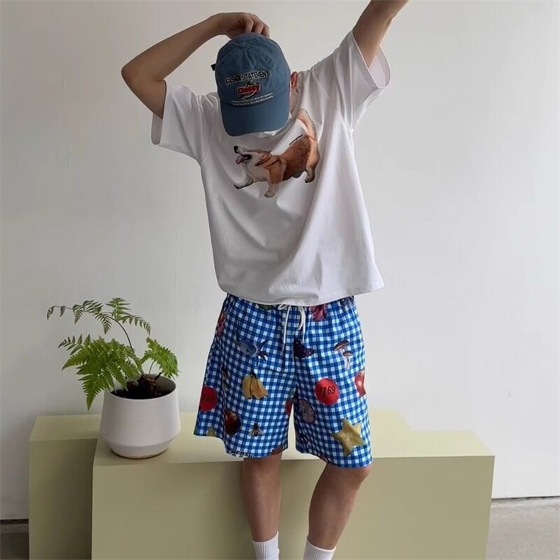 美式复古休闲小众格子水果满印短裤男女款夏季宽松沙滩裤五分裤,男装牛仔裤,星座506A