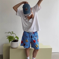 美式复古休闲小众格子水果满印短裤男女款夏季宽松沙滩裤五分裤，男装牛仔裤，星座506A