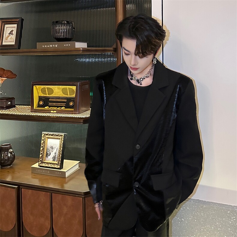 （自家图）拼接鳄鱼皮西装外套新气质显瘦西服男1504-P110，男装西服，星座910-5