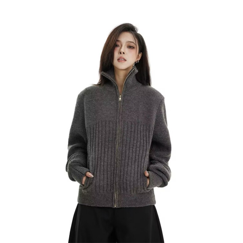 YC0830-P68美式复古潮牌男女针织衫长袖立领秋冬新款毛衣灰色线衫，男装针织衫/毛衣，电商C233