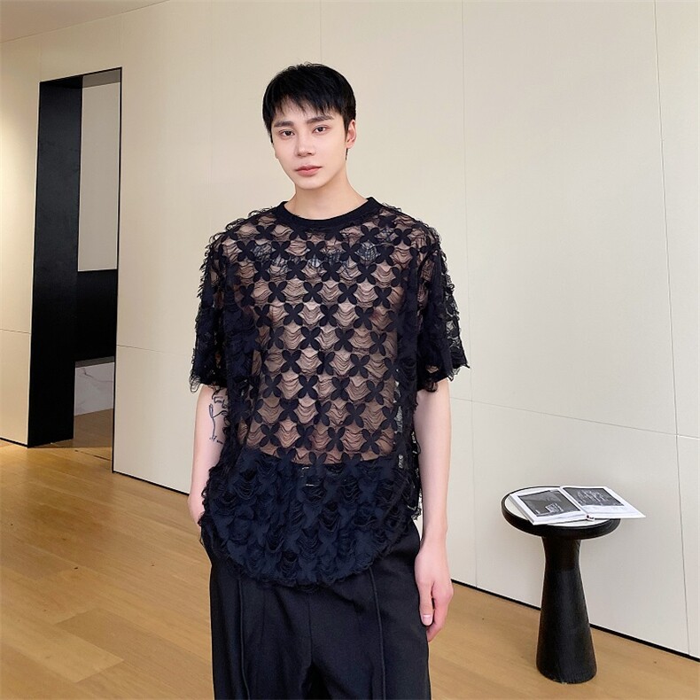 夏季男士新款圆领宽松小心机短袖镂空雕花T恤上衣潮A345-263-P60,男装T恤,电商A345