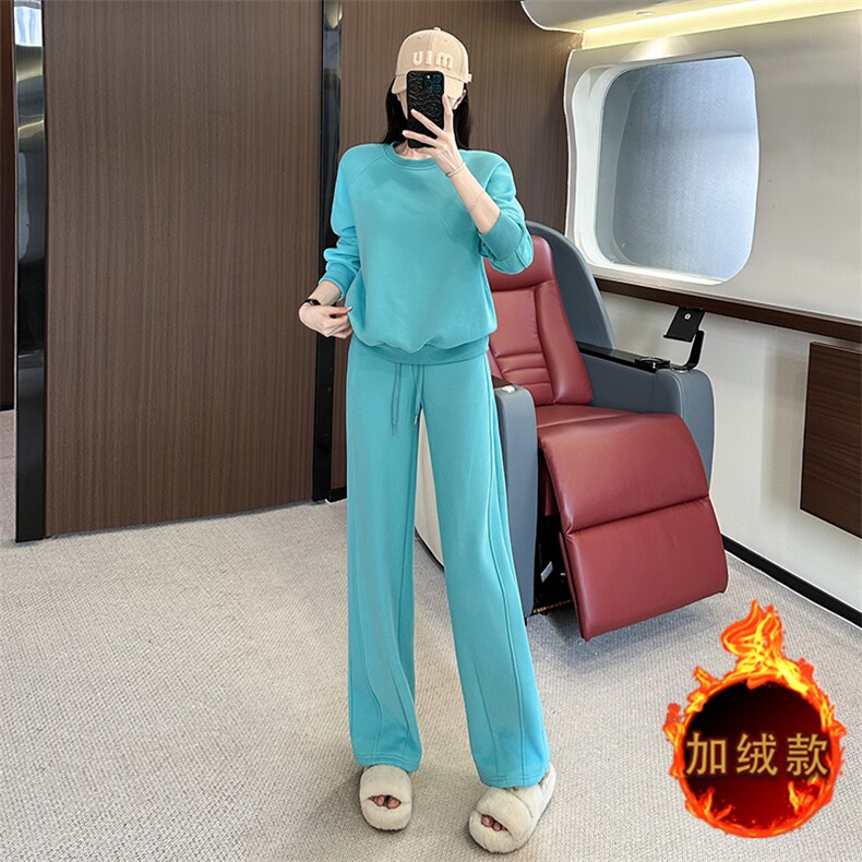 女秋冬显瘦加绒圆领卫衣阔腿裤两件套图片