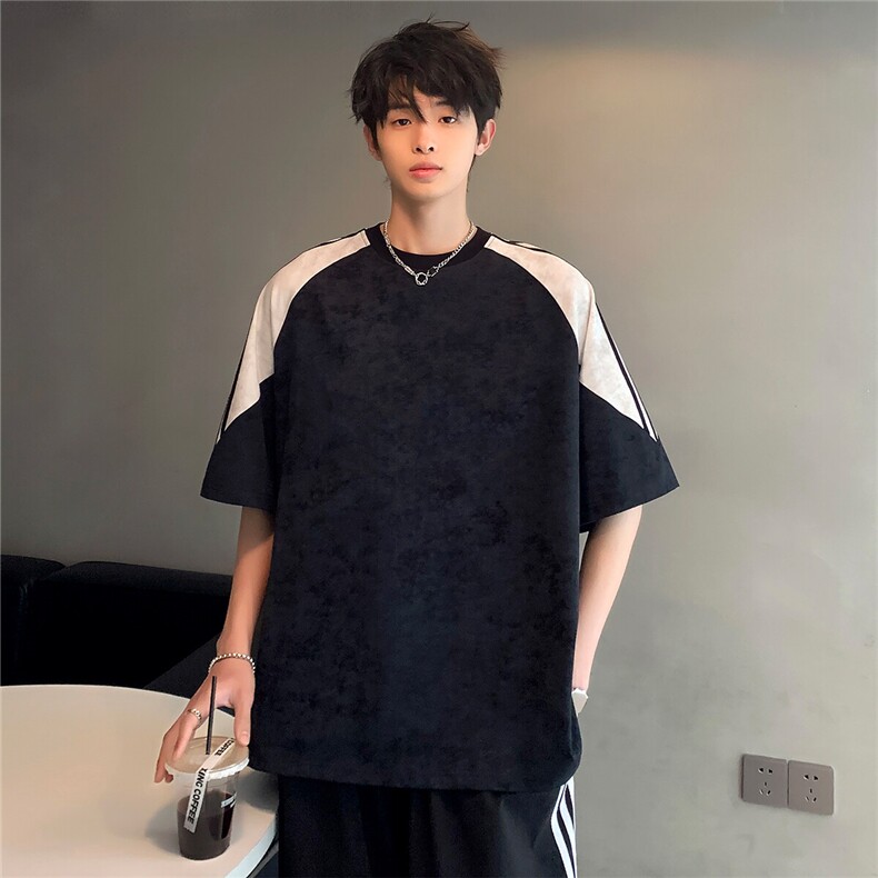 圆领插肩袖撞色拼接吊染潮牌宽松大码美式复古短袖T恤T36-P35，男装T恤，电商C307