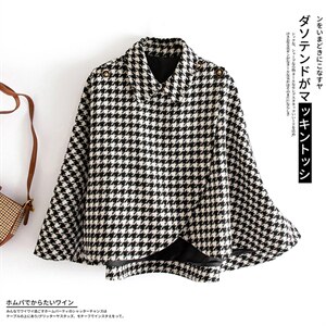 2024秋冬季收腰显瘦格子千鸟格毛呢斗篷宽松舒适版型时尚风衣,女装毛呢外套,雅静靓衣