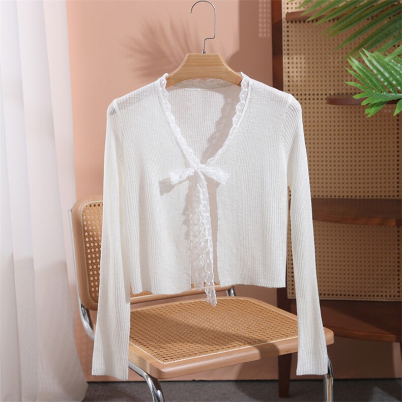 冰丝系带针织防晒开衫女25年夏季吊带外搭空调衫小披肩短款上衣薄，女装蕾丝衫/雪纺衫，暖姿羊绒