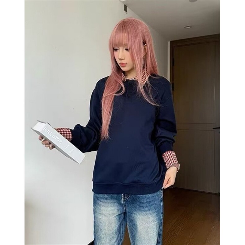 假两件格子拼接polo领卫衣女春秋季宽松薄款翻领上衣外套WAJ69,女装短外套,星座1116A（原606A-3）