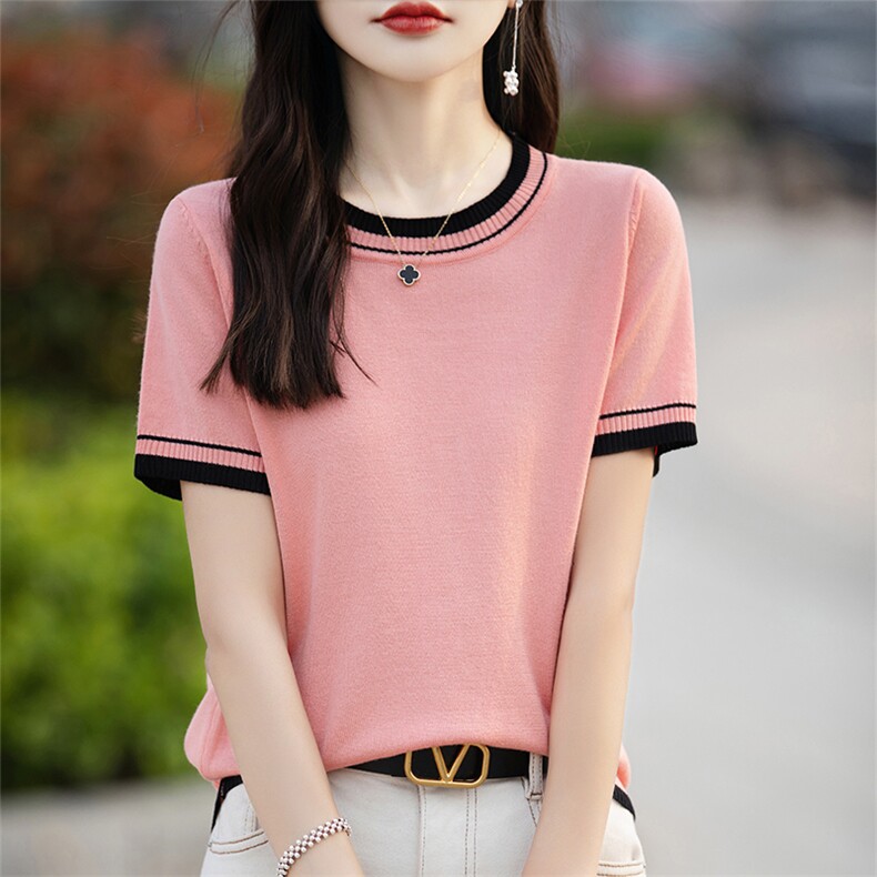 丝光棉针织短袖T恤衫女2025夏薄正肩别致撞色洋气针织t恤上,女装T恤,思牵羊绒