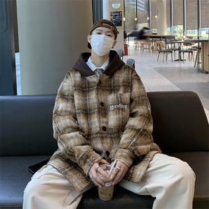秋冬美式高级感毛呢夹克男潮牌宽松刺绣格子连帽外套 W7994-P95图片