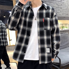 2021春季新款日系大码潮男佳乐纽扣翻领休闲格子衬衫C520-P40，男装衬衫，电商A001