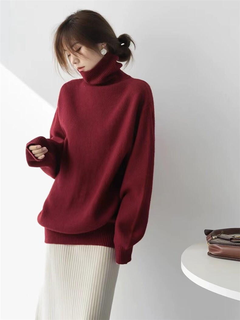 慵懒风q气质潮流高领毛衣女秋冬女装复古中长款宽松针织上衣，女装针织衫/毛衣，半城羊绒