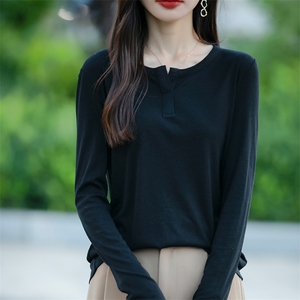 春秋半开领精纺羊毛针织衫女纯色薄款长袖毛衣宽松百搭打底衫上衣图片