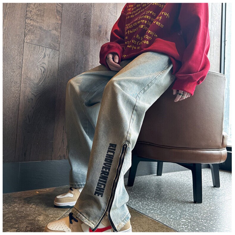k1074-p55-控78 M-5XL 现货宽松拉链cleanfit牛仔裤马丁靴黑暗图片
