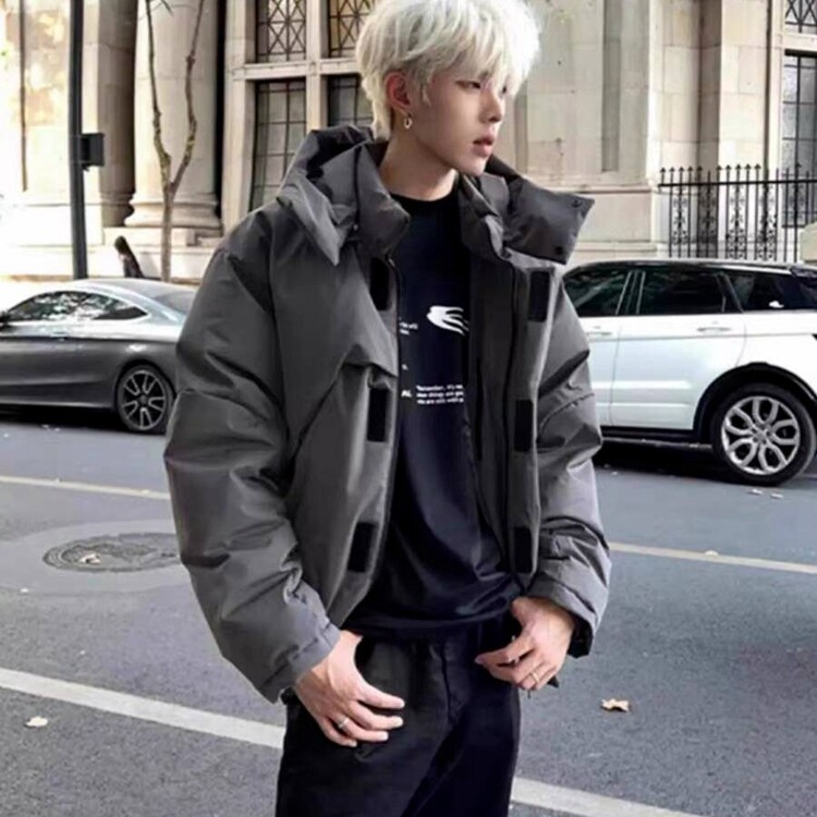 灰色简约百搭加厚棉衣外套男冬季潮流休闲保暖连帽防风面包服夹克,男装夹克,星座218-8