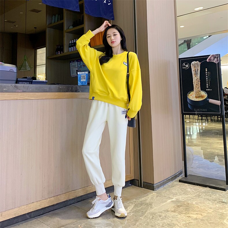 【现货】圆领卫衣女2021新款韩版休闲洋气百搭束脚裤套装纯色洋气，女装卫衣/绒衫，梦懿尔