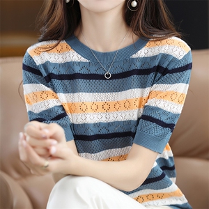 夏季撞色半袖T恤女宽松休闲拼色复古纯棉短袖亚麻针织上衣图片