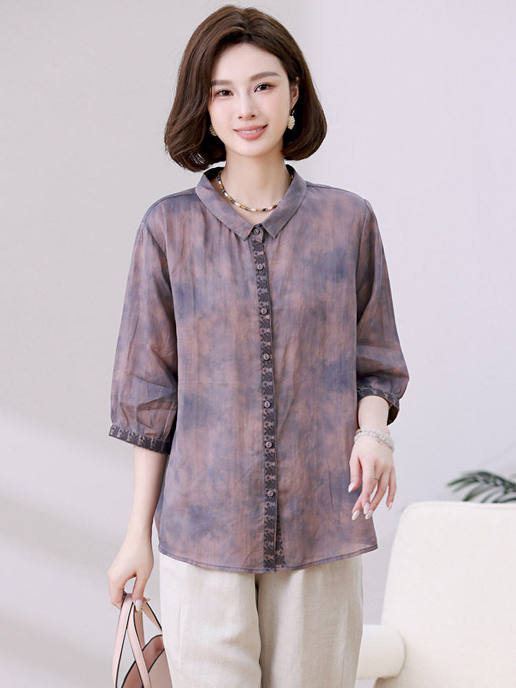 纯苎麻衬衫女五分袖2024新款夏季印花衬衣,女装衬衫,忆绮罗