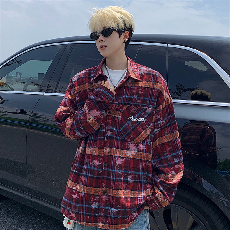 衬衫男秋季新款港风宽松大码格子扎染刺绣长袖衬衣CS3016-P38，男装衬衫，星座214-3