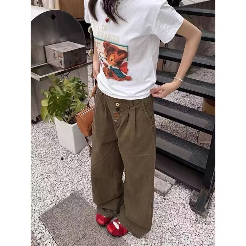 美式高街复古纽扣设计感简约休闲裤男女宽松直筒百搭阔腿长裤图片
