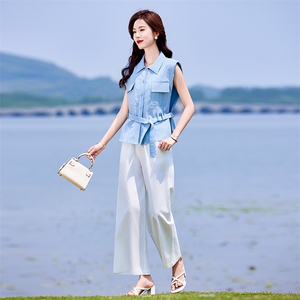 高级感时尚套装女气质无袖衬衫夏季新款收腰显瘦阔腿裤休闲两件套图片
