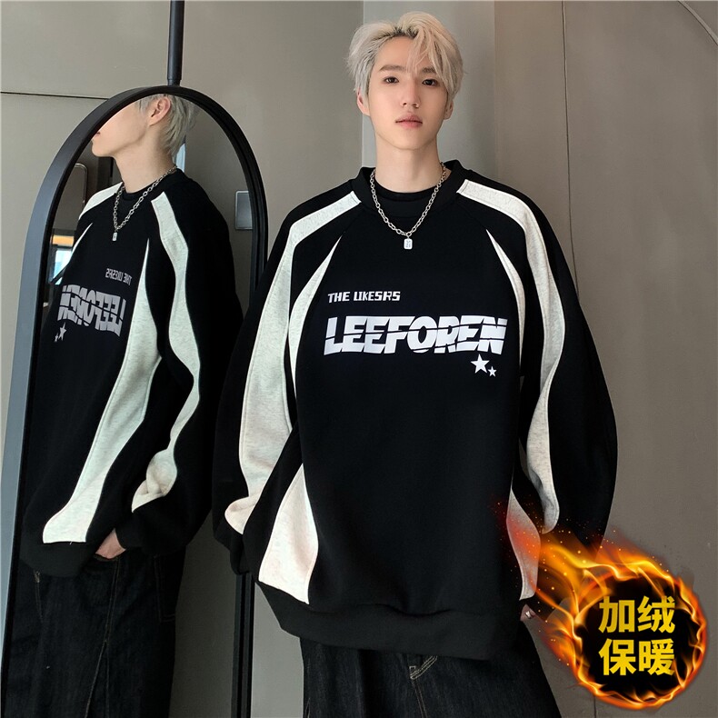 圆领卫衣男士秋冬加绒保暖2026新款拼接套头男美式上衣W0112-P73,男装卫衣,电商C307