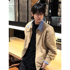 卡其色假两件短款外套男款秋季美式复古千鸟格拼接巴恩风工装夹克，男装夹克，四季星座505