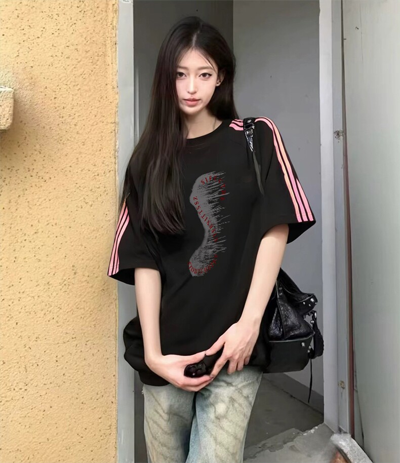 抖音得物品质二开240克宽松纯棉美式潮牌印花三条杠中性风短袖T恤,男装T恤,电商A486