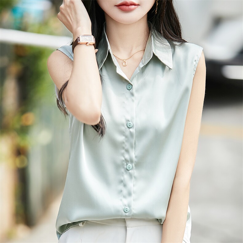 衬衫女设计感小众春夏季新款气质缎面无袖上衣通勤职业衬衣打底衫,女装背心吊带,佳绒高端店