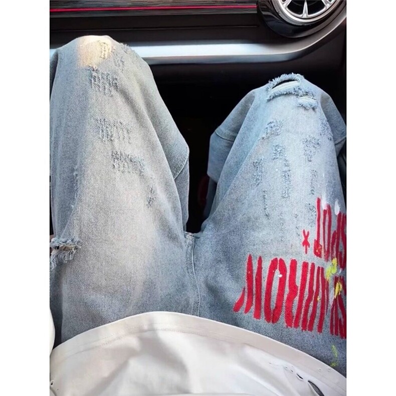 复古蓝水洗泼墨破洞牛仔裤男款夏季小众设计感hiphop宽松阔,男装牛仔裤,星座218-1（原230）