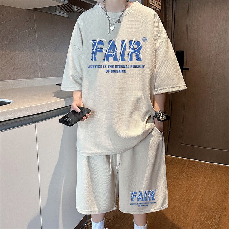 华夫格短袖t恤男士夏季薄款宽松速干休闲套装青少年夏天运动短裤图片