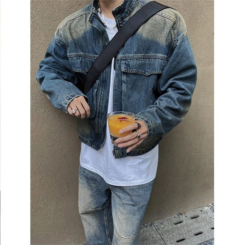 新款春秋美式复古水洗牛仔衣短外套男潮牌棒球服工装夹克图片
