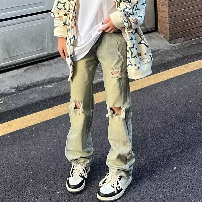 夏季黄泥色膝盖破洞牛仔裤男显瘦水洗做旧百搭长裤高街男女款潮牌,男装牛仔裤,星座506A