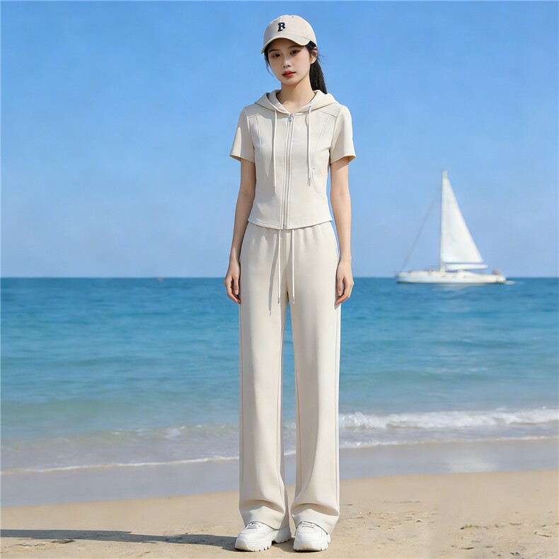 高级感欧货休闲显瘦套装女夏新款拉链抽绳开衫连帽上衣阔腿裤套装,女装套装/套裙,江南