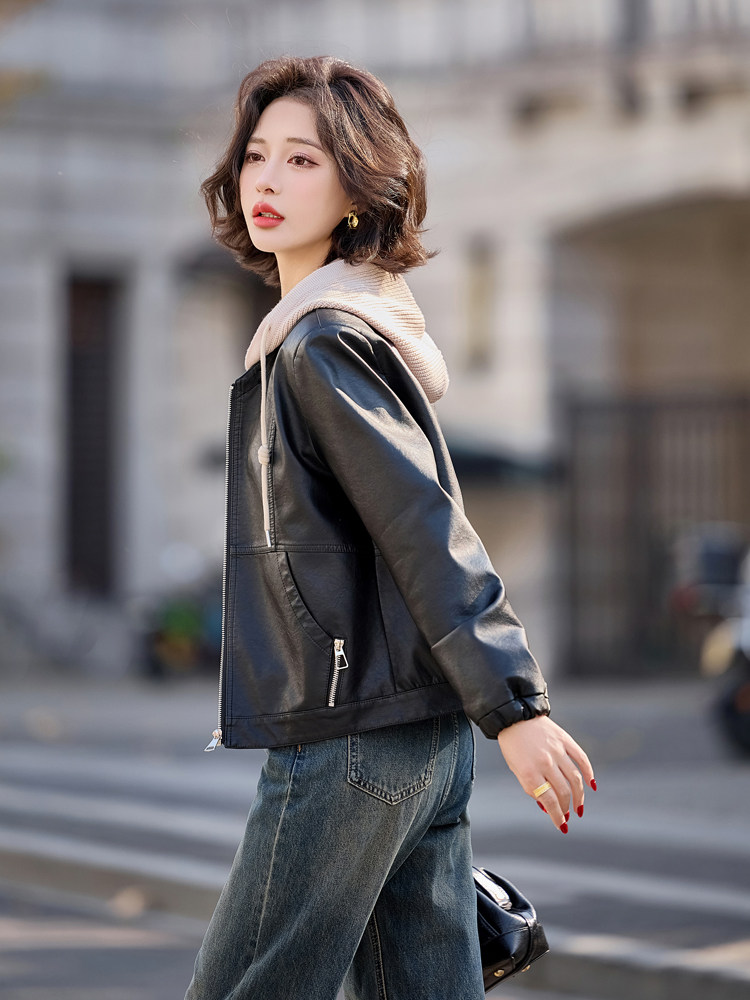 可脱卸帽子休闲皮衣外套大量现货2025春季女装新款女士皮衣HZ0602,女装皮衣,魅衣本色
