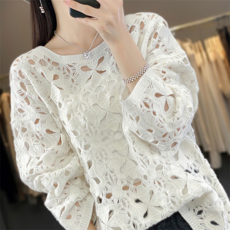 25秋冬新款100%纯羊毛衫女重工镂空钩花圆领羊绒衫长袖毛衣打底衫，女装羊毛衫，米丹羊绒