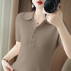 纯棉新款POLO领短袖针织衫女25年夏薄款修身内搭T恤套头外穿打底，女装T恤，品高羊绒