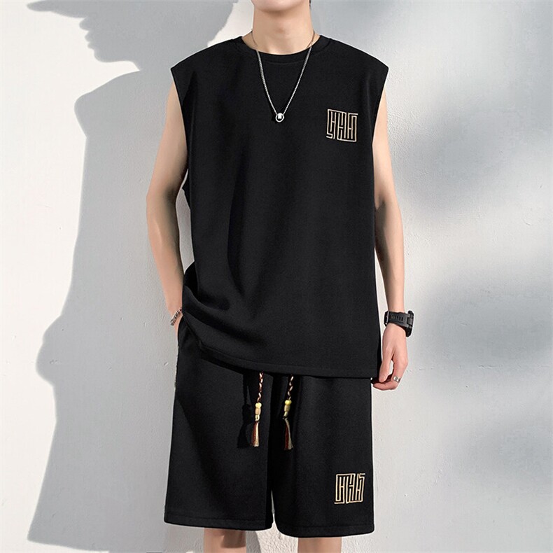 夏季刺绣五分裤套装男拼接背心休闲运动套装潮流A266-TZ1107-P43,男装牛仔裤,电商A266