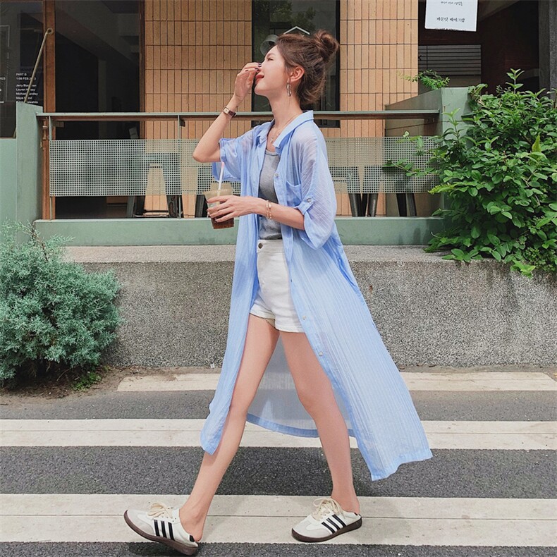 高级感蓝色五分袖条纹衬衫外套女夏2025新款宽松休闲防晒长款上衣图片