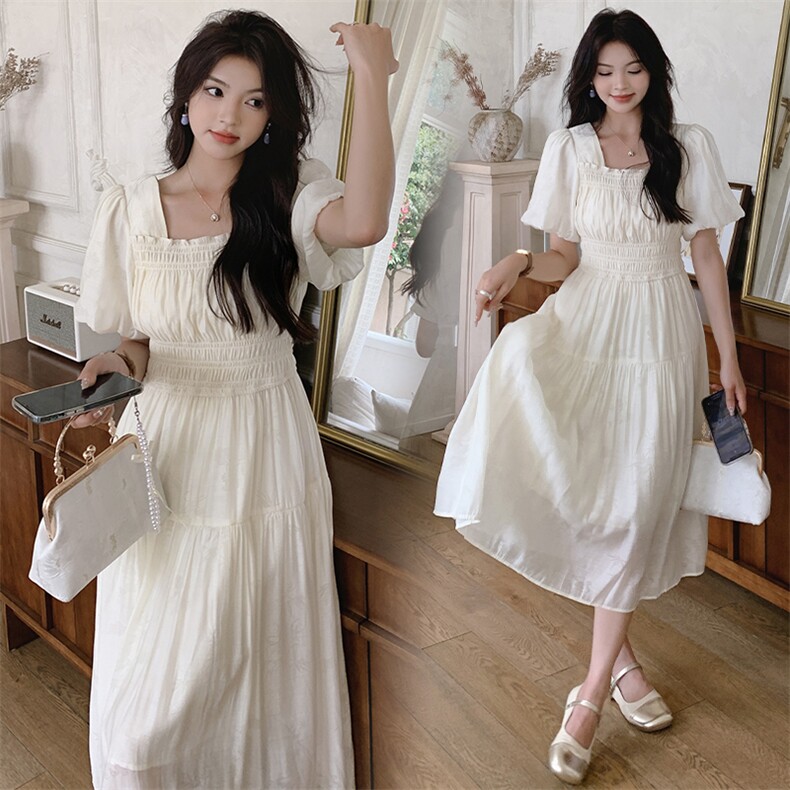 夏季新款法式甜美收腰显瘦连衣裙仙女气质白色长裙，女装连衣裙，帛锦泉