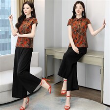 现货夏季新款复古花纹简约时尚优雅柔美气质修身两件套装裤图片