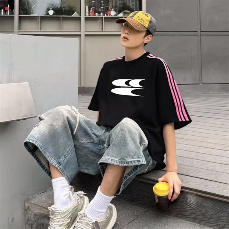 抖音得物品质二开240克宽松纯棉美式潮牌印花三条杠中性风短袖T恤,男装T恤,电商A486-1