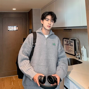 简约新款潮流毛混纺polo领毛衣男冬季男士浅灰色针织衫帽衫时尚图片