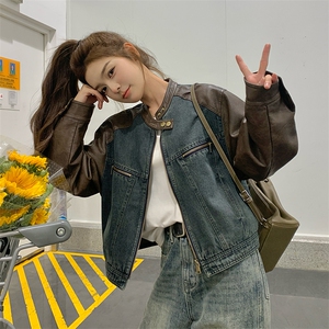 美式复古牛仔拼接皮衣外套女2025年春季新款今年流行小个子短外套