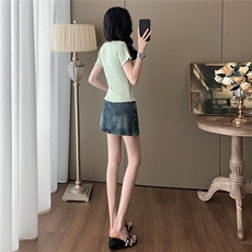 时尚气质套装女夏季新款修身显瘦立体花朵短袖上衣牛仔短裙两件套，女装套装/套裙，江南